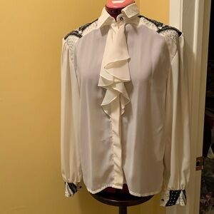 Ruffled Front Long Sleeve Blouse with Dress Collar and beading detail